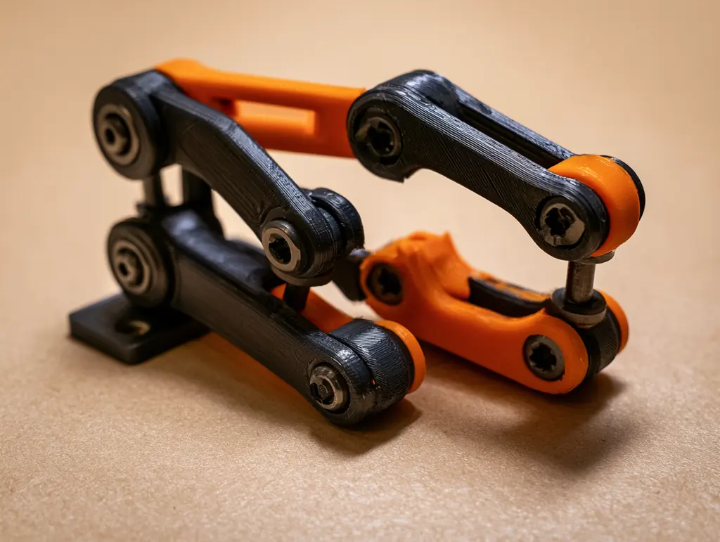 オレンジと黒の3Dプリント製リンク機構