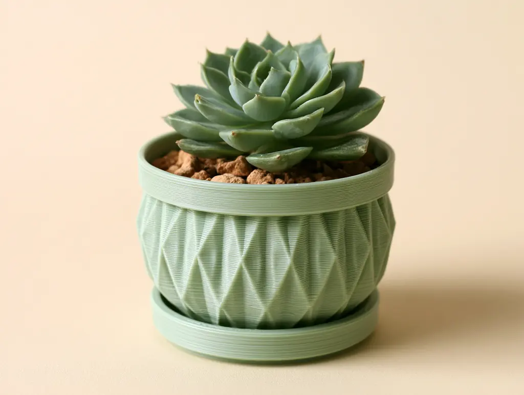 多肉植物を植えた、淡いグリーンの3Dプリント鉢